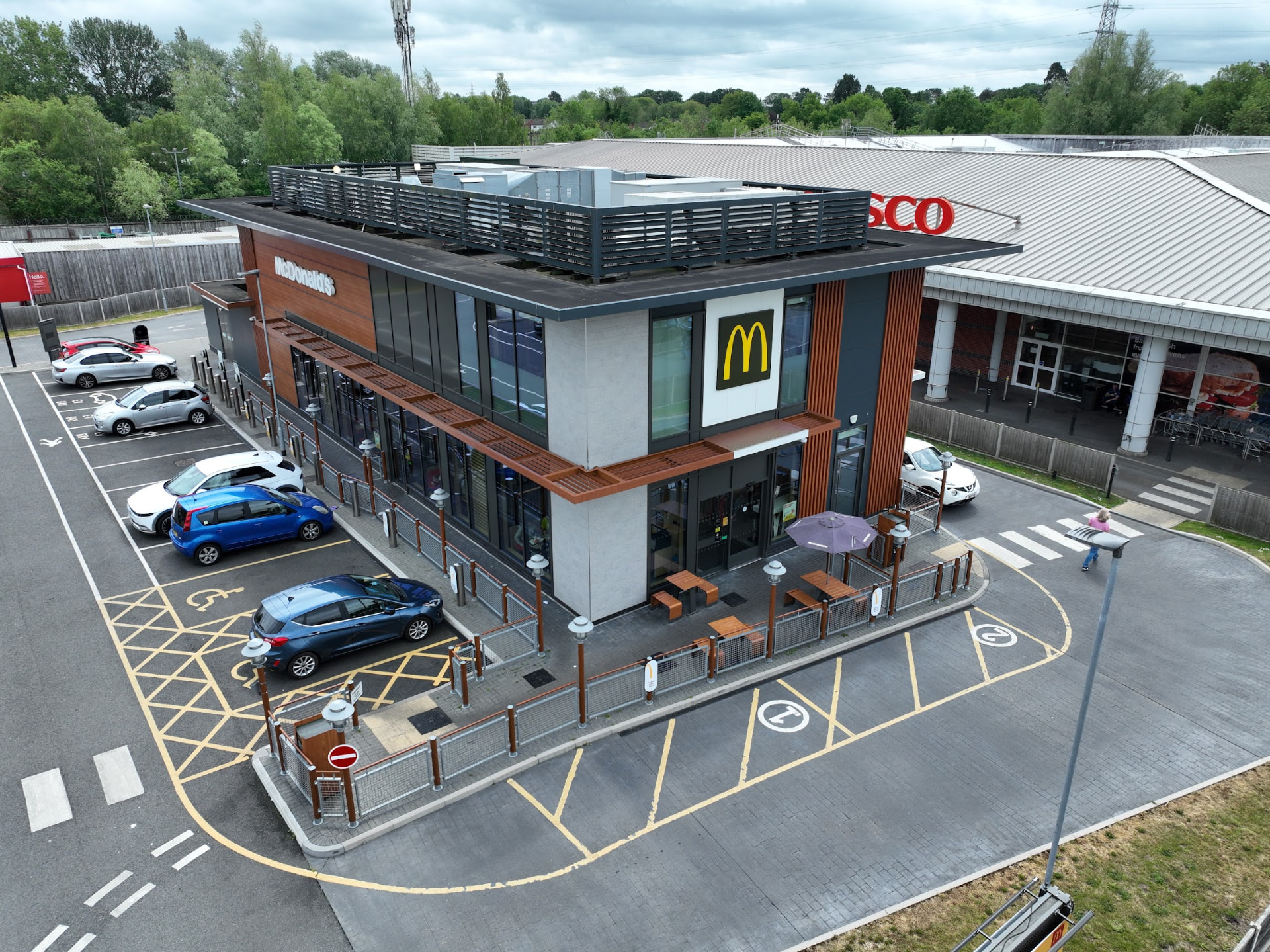 Aerial drone shot of the McDonald's restaurant and car park where the films were shot