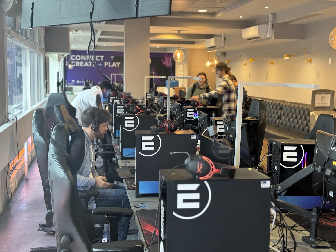 Rows of high-spec gaming PCs and headsets in the University of Warwick Fusion Lab