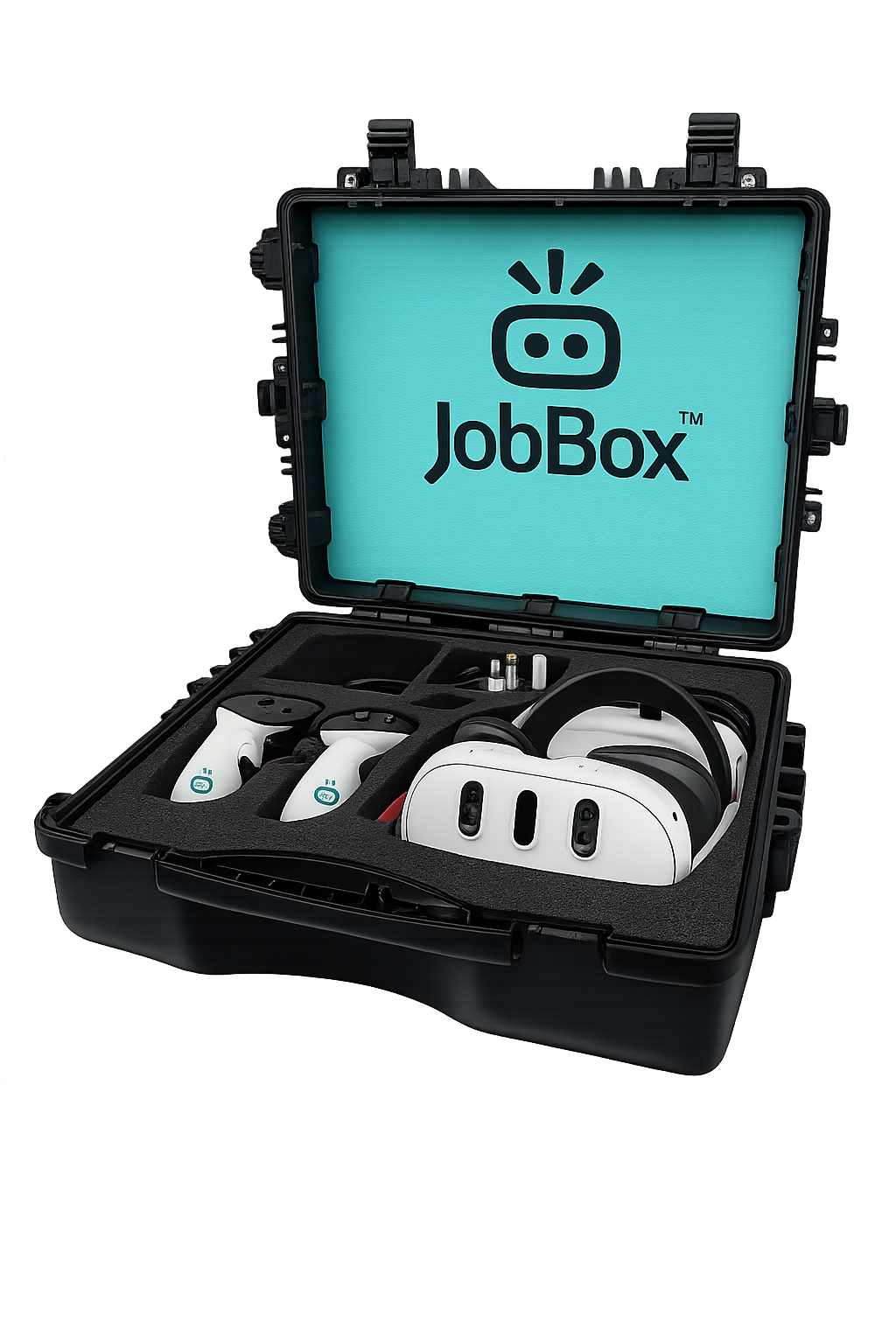 JobBox 1-Kit flight case open with one Meta Quest headset and controllers neatly stored inside