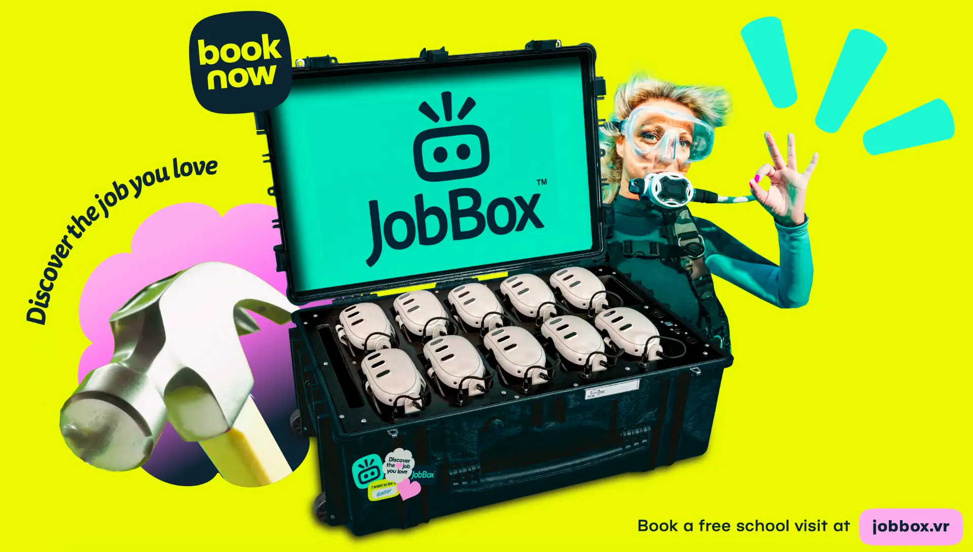 Promotional JobBox graphic showing a scuba diver, a hammer and the JobBox case with the text Discover the job you love, illustrating VR recruitment UK career experiences