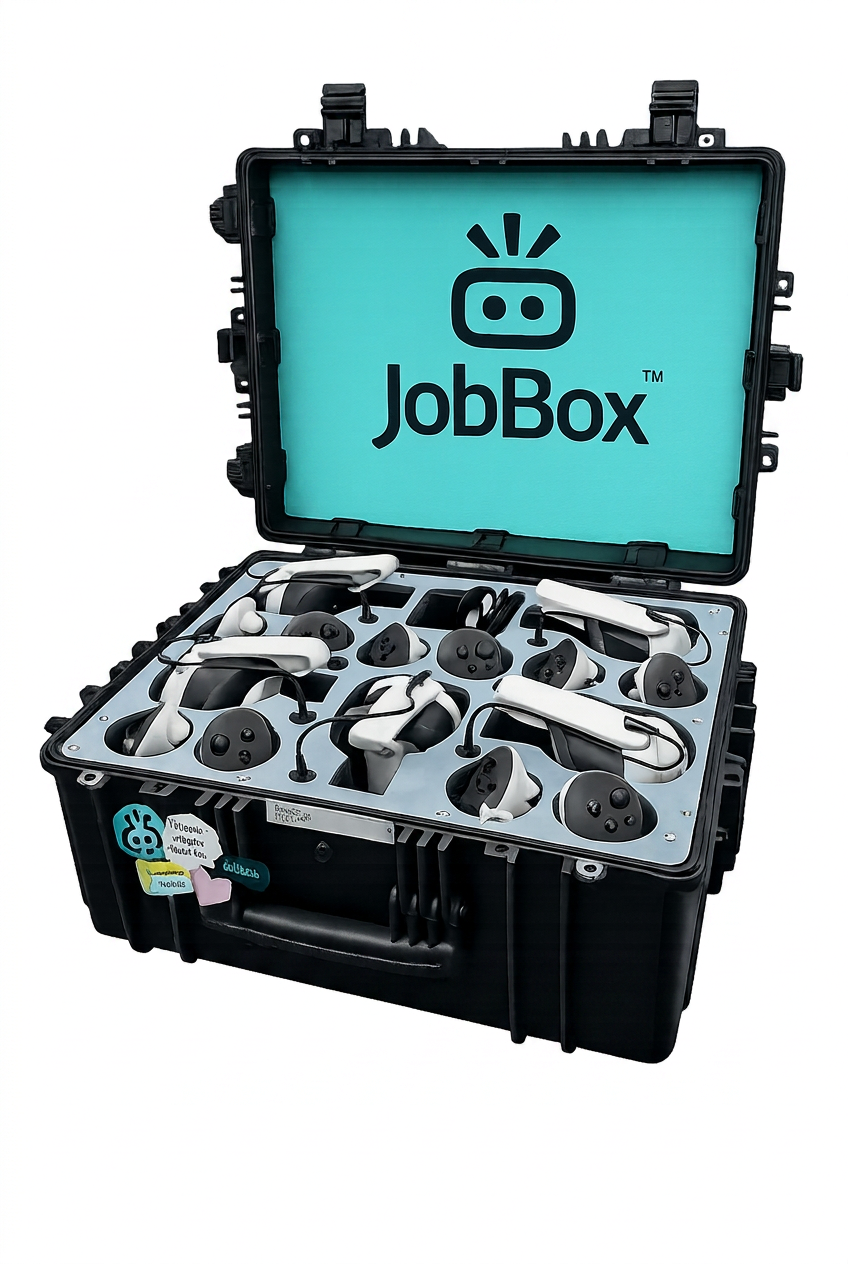 JobBox 5-Kit flight case open with five Meta Quest headsets neatly stored inside