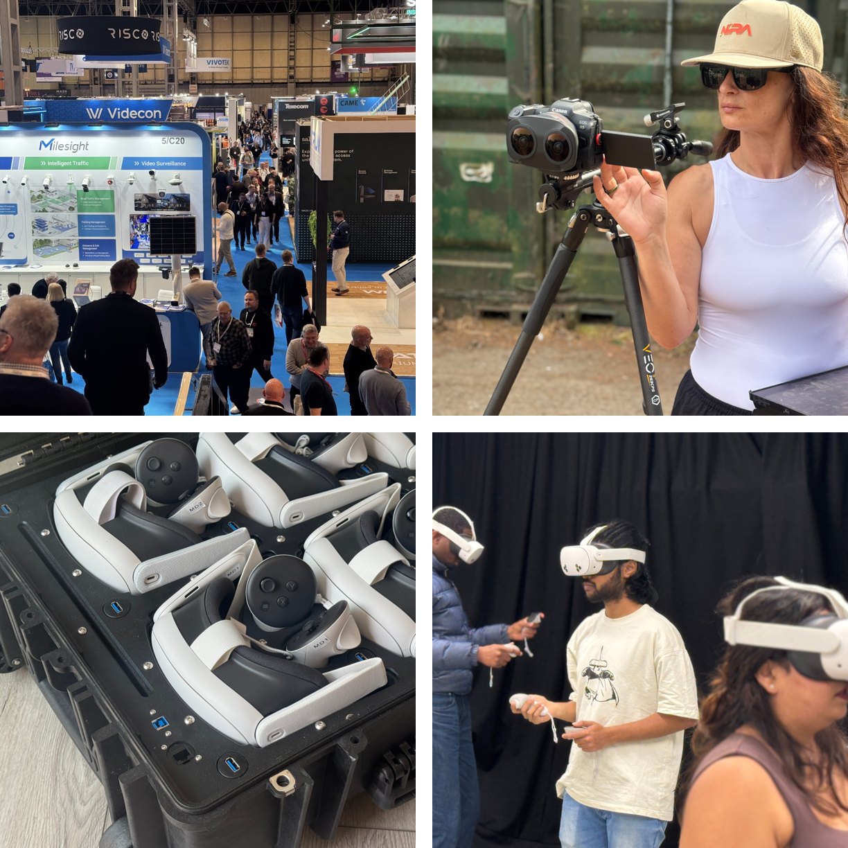 A busy exhibition hall, filming with a 3D camera, headsets in the JobBox case and visitors trying VR