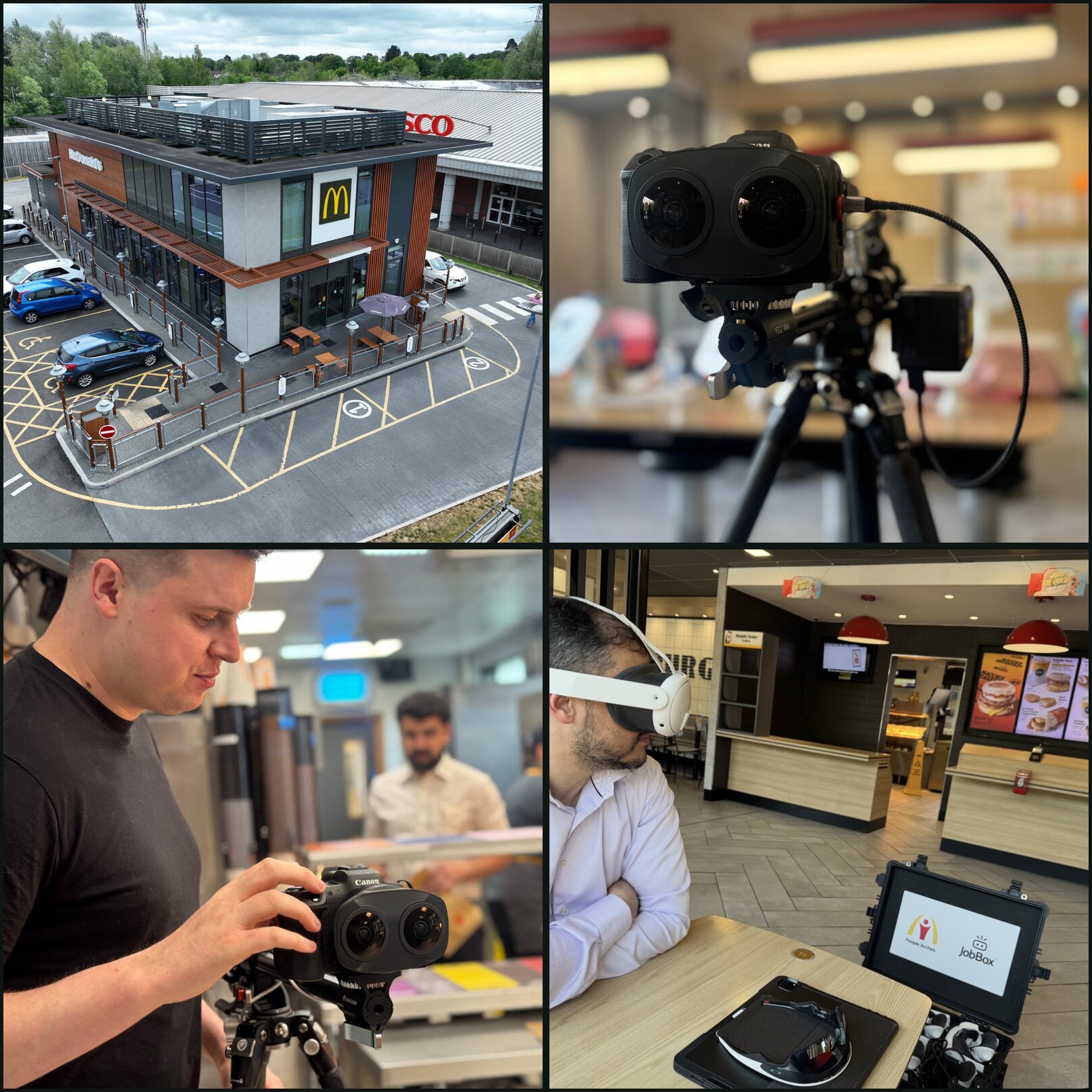Four moments from our McDonald's shoot: the restaurant from the air, the dual fisheye camera, filming in the kitchen and a team member trying the headset
