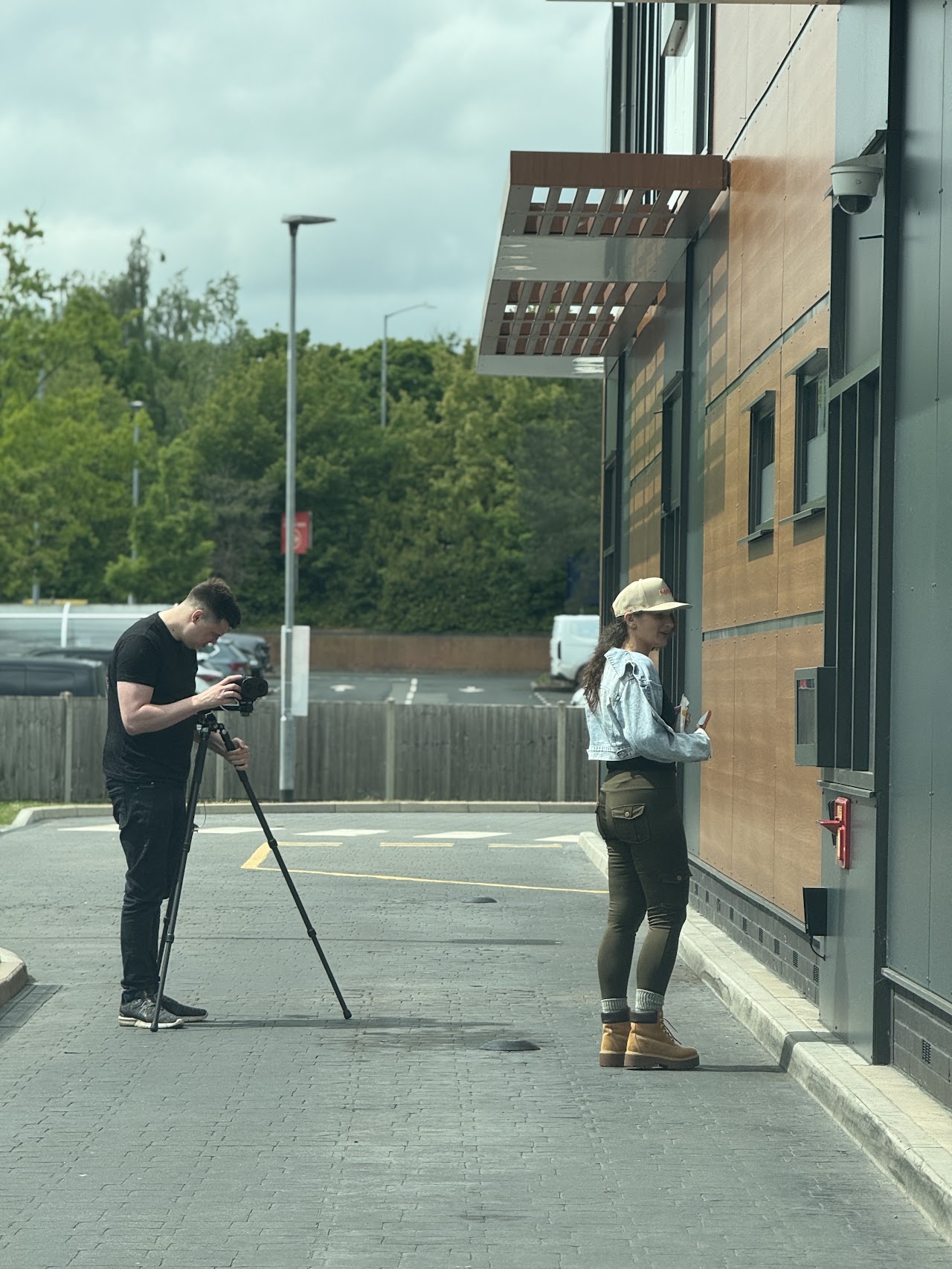 Filming a walk-up shot beside the restaurant exterior