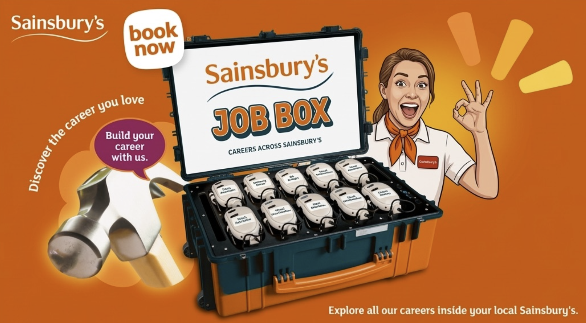 Concept artwork of a Sainsbury's branded JobBox filled with labelled VR headsets for different store roles