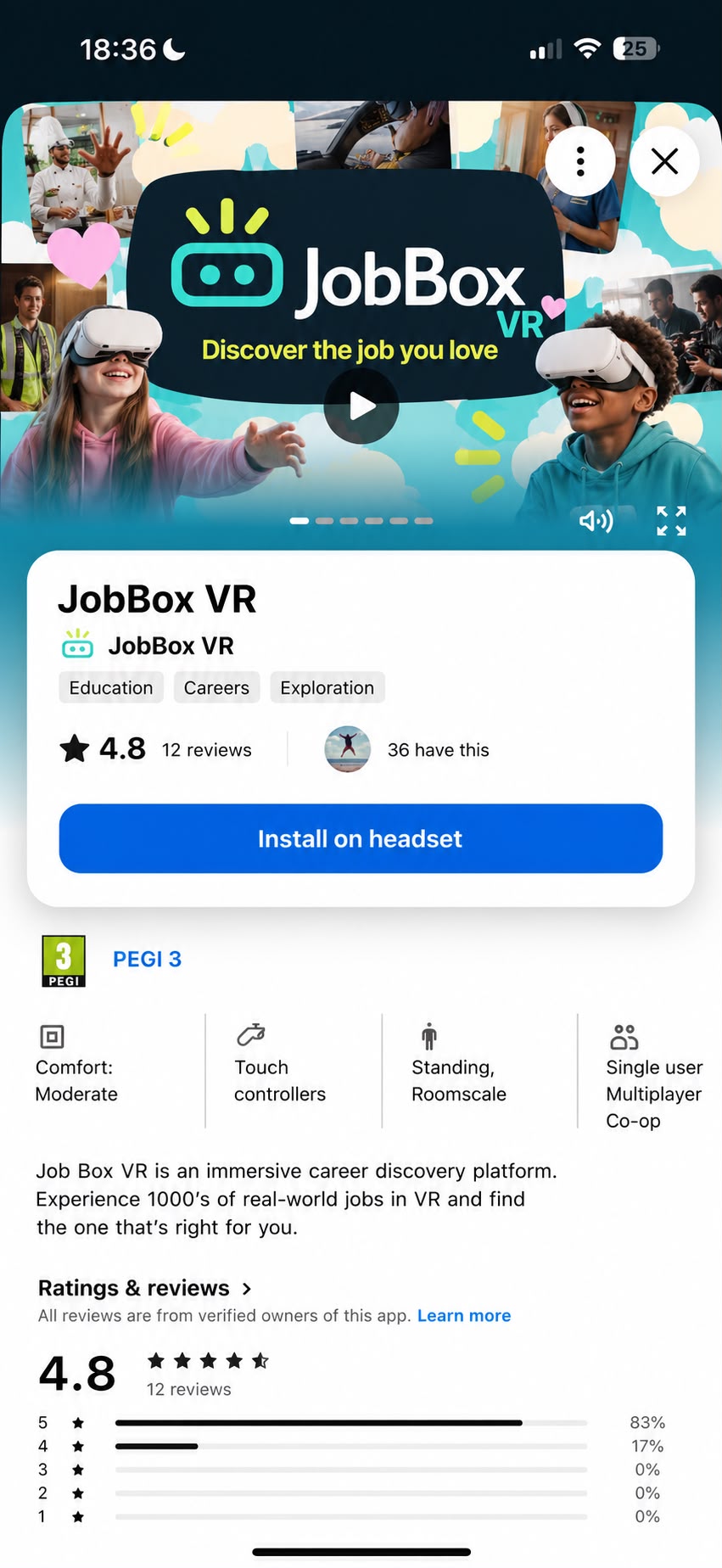 The JobBox VR app listing on the Meta Quest store, rated 4.8 from 12 reviews
