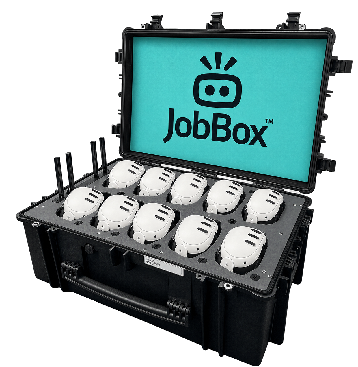 JobBox 10-Kit flight case open with ten Meta Quest headsets neatly stored inside